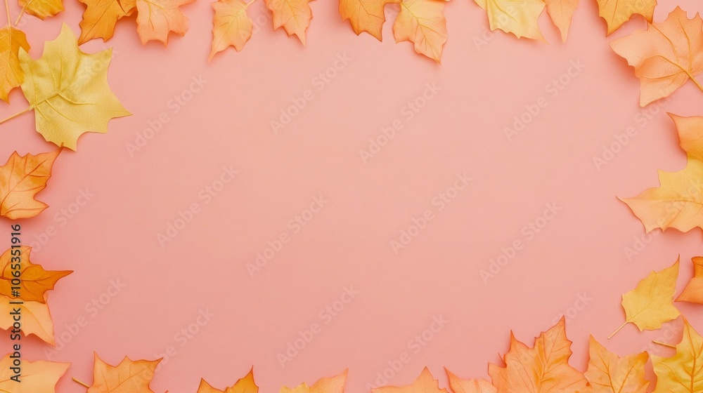 Pink background featuring scattered yellow leaves in artistic pattern. Pink background featuring scattered yellow leaves in artistic pattern.