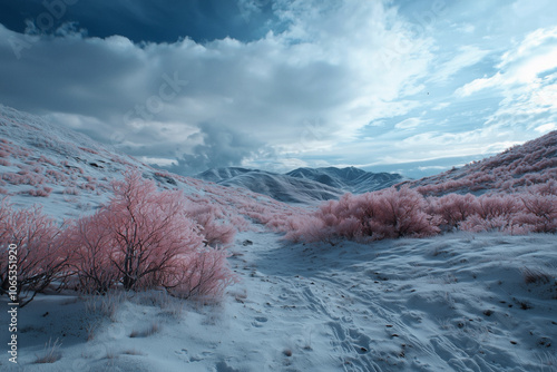 Surreal infrared landscape with pink foliage and snowy terrain photo