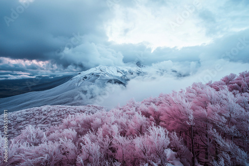 Surreal infrared Landscape with Snow-Covered Mountain