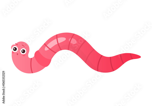 Cute pink worm with big eyes from fear crawling in compost or soil vector illustration