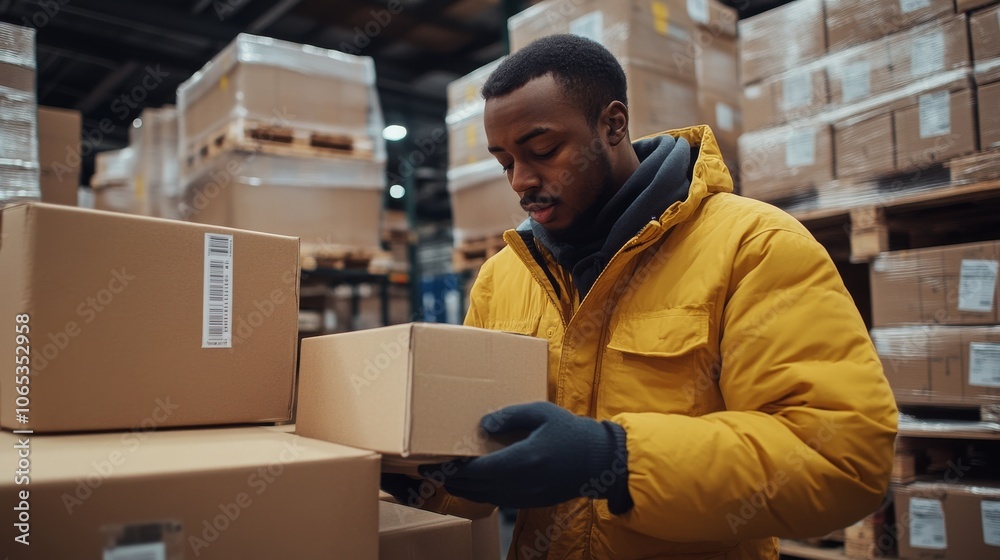 Man in Yellow Jacket Holding a Cardboard Box in a Warehouse Man in Yellow Jacket Holding a Cardboard Box in a Warehouse
