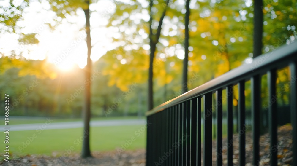 Fototapeta premium Autumn Sunset Park Fence Metal Railing Fall Foliage Nature Background