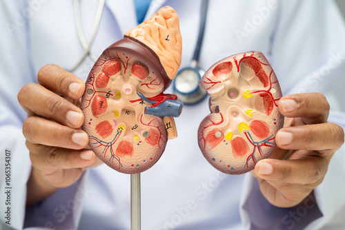 Chronic kidney disease, doctor with model for treatment urinary system, urology, Estimated glomerular filtration rate eGFR. photo