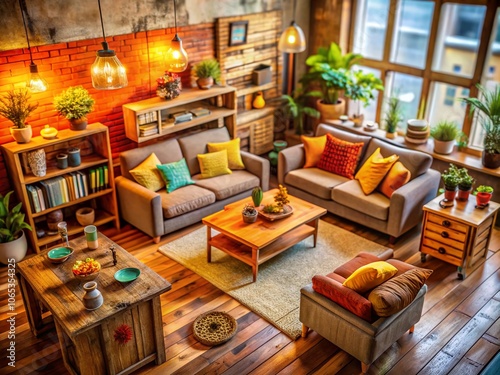 Cozy Modern Living Room with Upcycled Furniture and Recycled Accents in Tilt-Shift Photography Style