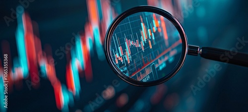 Close-up of a magnifying glass over stock market graphs, focusing on data visualization and analysis, ideal for financial themes.