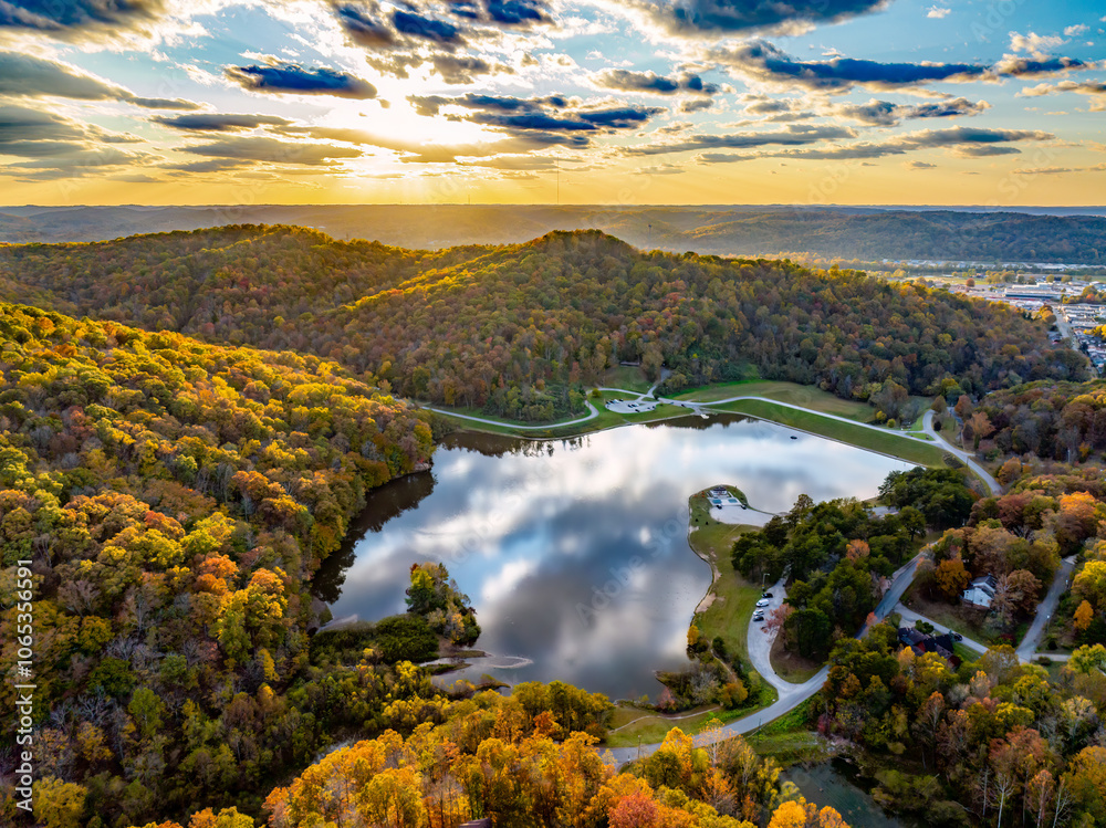 Aerial View of Ridenour Lake at Sunset with Stunning Autumn Colors