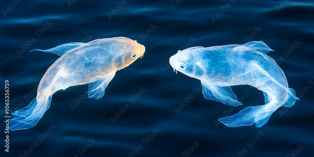 Naklejka premium Two glowing koi fish swim gracefully in dark pond, their ethereal light creating mesmerizing effect against deep water