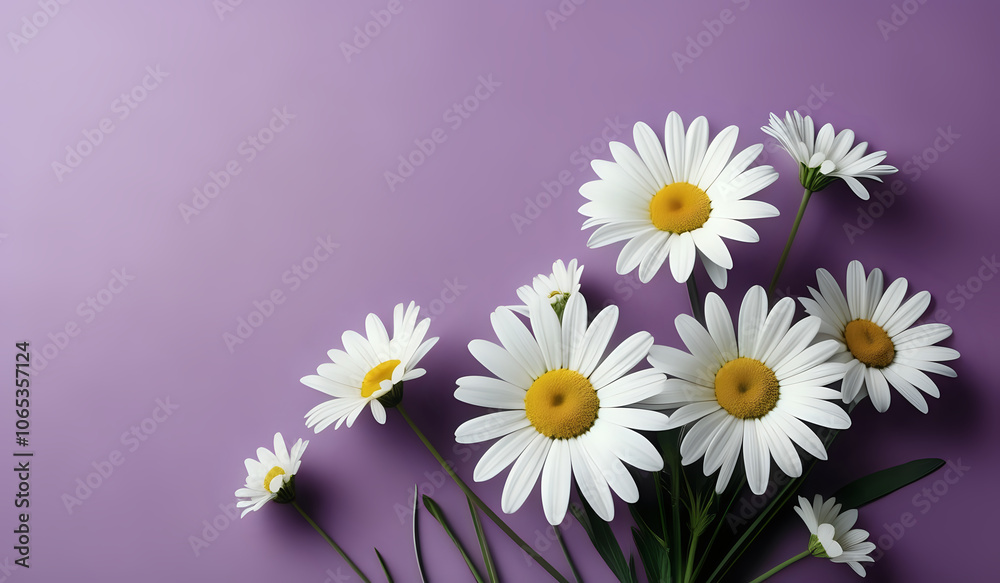 Obraz premium white daisies on a purple pastel paper texture background with copy space