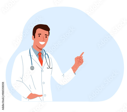  Doctor man point up at good deal and advices use this copy space.. Vector flat style cartoon illustration