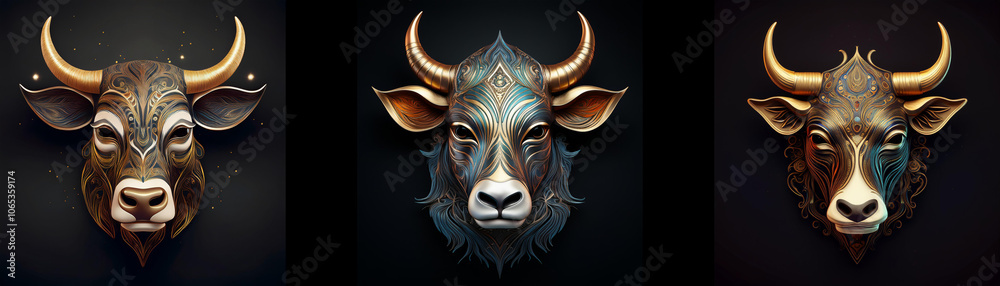 Fototapeta premium Three bull masks isolated against a black background, each with different colored patterns.