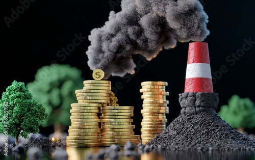 A visual metaphor depicting the relationship between wealth represented by gold coins and environmental pollution from industrial smoke. photo