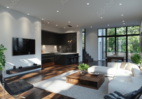 Modern open-plan living room with sleek design, white walls, dark wood flooring, and minimalist furniture featuring a flat screen TV and large windows