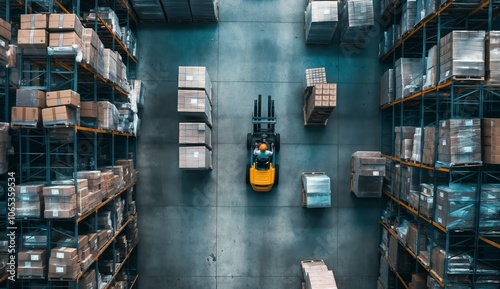 Aerial view of a warehouse showing a forklift moving pallets between densely packed shelves. The scene captures the organized storage and efficient operations of a modern distribution center.