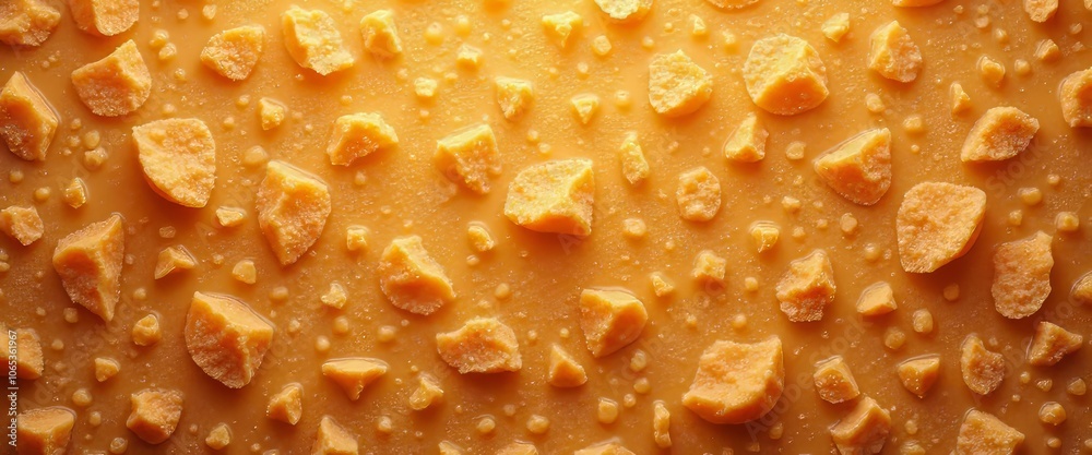 A close up of a orang substance with many small pieces of it. The substance appears to be a type of candy or dessert. Concept of indulgence and enjoyment A close up of a orang substance with many small pieces of it. The substance appears to be a type of candy or dessert. Concept of indulgence and enjoyment