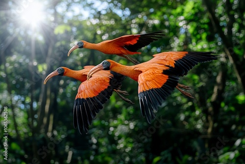 Three vibrant orange birds soar through a lush green forest, illuminated by sunlight filtering through the trees.