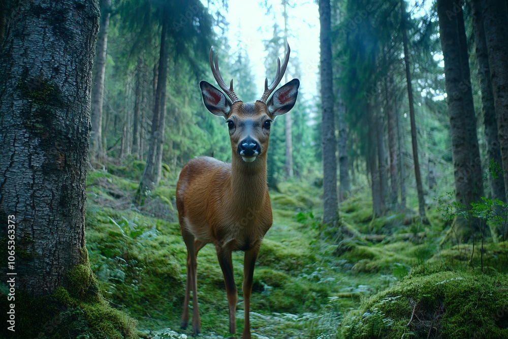 A deer stands gracefully in a misty forest, surrounded by tall trees and lush green moss, embodying the tranquility of nature. A deer stands gracefully in a misty forest, surrounded by tall trees and lush green moss, embodying the tranquility of nature.