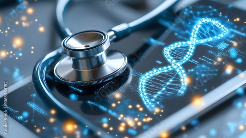 Close-up of a stethoscope resting on a smartphone screen displaying a DNA helix, symbolizing digital health and technology integration.