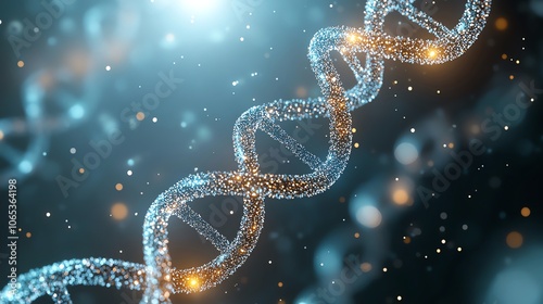 Close-up of a glowing DNA strand on a blue background, illustrating the complexity and beauty of genetic science. photo