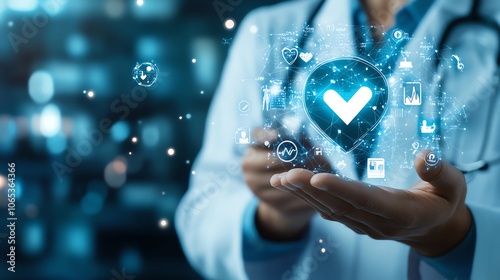 Doctor holding a digital heart hologram, symbolizing healthcare technology and innovation in medical science for patient care.