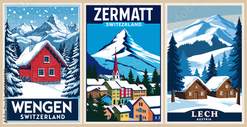 Set of Ski Travel Posters in retro style. Lech, Austria, Zermatt, Wengen, Switzerland digital prints. Winter holidays, active lifestyle. Vintage vector colorful illustrations.	