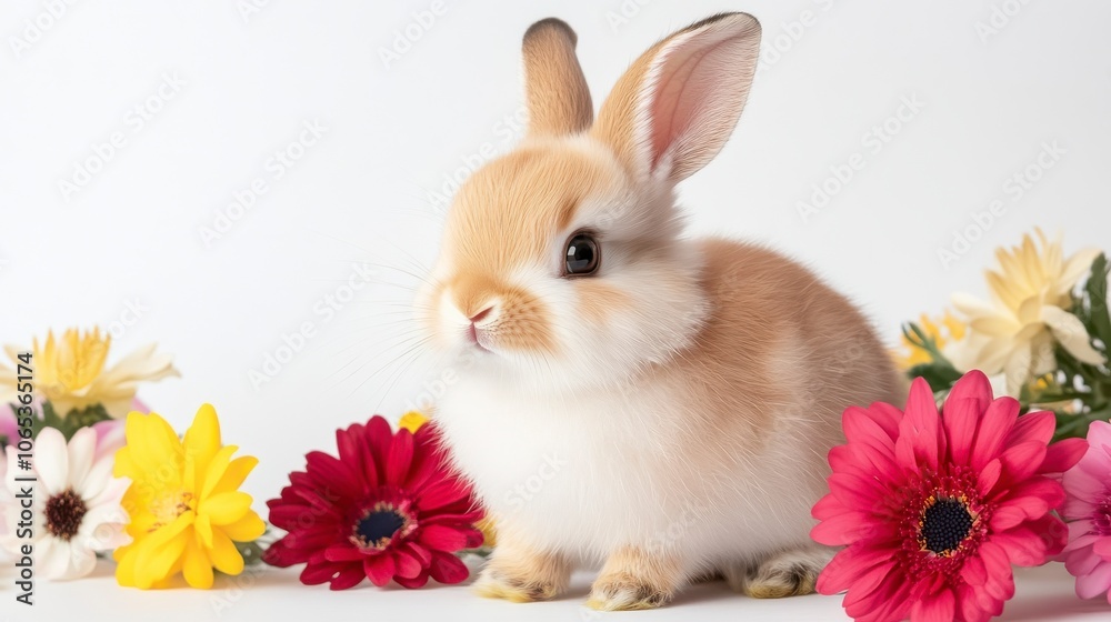Joyful Little Rabbit Surrounded by Colorful Flowers Joyful Little Rabbit Surrounded by Colorful Flowers