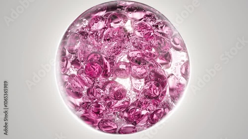 Pink serum with liquid bubbles in a 3D abstract background. Hydrating essence gel with collagen molecules. Moisturizing cream or oil for skincare and beauty.
