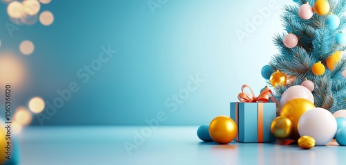 Festive scene featuring a decorated Christmas tree and colorful presents on a blue background.