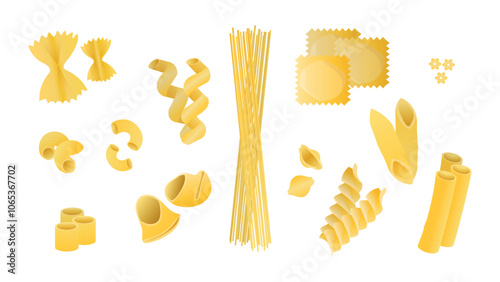 Different sorts of pasta. Set of different types of Italian pasta.Farfelle, ditalini, fusilli, conchigle rigate, penne, stelle, lumaconi, cavatappi,gomiti,elbow macaroni, ravioli,spaghetti,tortiglioni