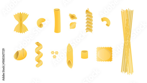 Different sorts of pasta. Set of different types of Italian pasta.Farfelle, ditalini, fusilli, conchigle rigate, penne, stelle, lumaconi, cavatappi,gomiti,elbow macaroni, ravioli,spaghetti,tortiglioni