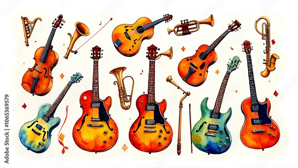 Naklejka premium Vibrant musical instrument collection with guitars and brass elements