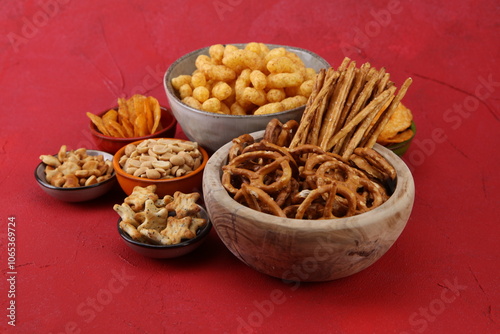 Salty snacks. Pretzels, chips, crackers in wooden bowls on table