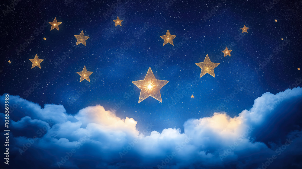 Fototapeta premium Magical starry night with glowing golden stars above dreamy clouds