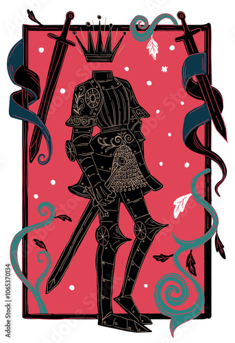 abstract illustration of a knight with sword in medieval style, black and red