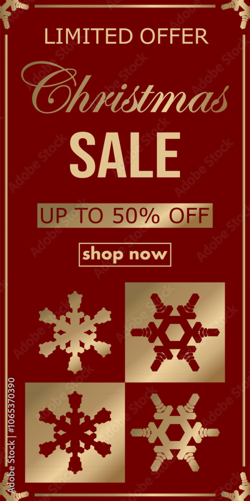 Naklejka premium christmas sale, template discount banner design with snowflake silhouette and text. elegant vector illustration to promote purchases in the winter season in classic red with gold for flyer, poster