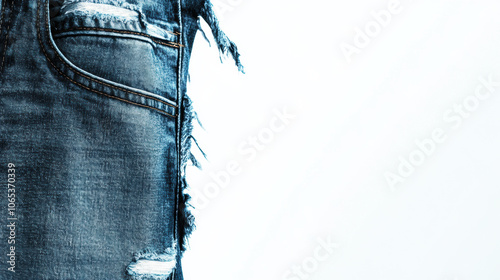 Close up of distressed denim jeans pocket, showing texture and detail of fabric