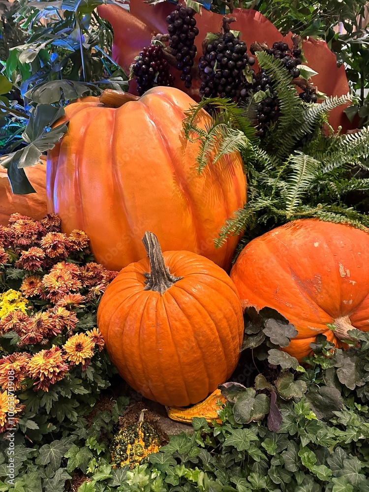 Obraz premium Autumn themed garden area with pumpkins and fall flowers 