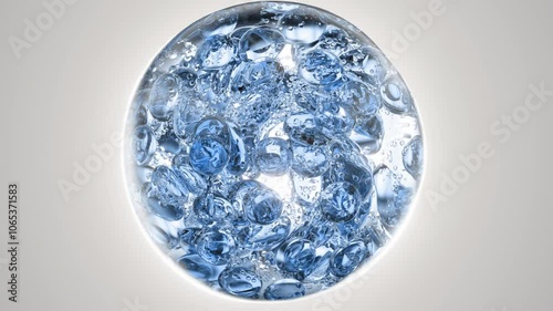 Blue cosmetic serum with liquid bubbles in a 3D abstract background. Hydrating essence gel enriched with collagen molecules. Moisturizing cream or oil for advanced skincare, beauty, and skin health. 