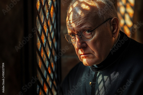 Priest in the confessional, offering solitude and reflection, practicing the sacrament of confession