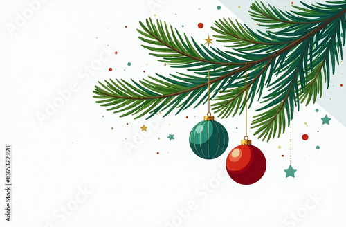 A branch of a fir tree decorated with Christmas balls of red, blue and green colors, as well as small golden lights. Watercolor illustration. photo