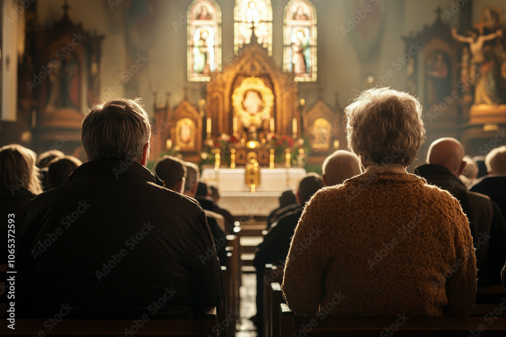 Church parishioners, attending a catholic mass, focused on the altar and the message of god.