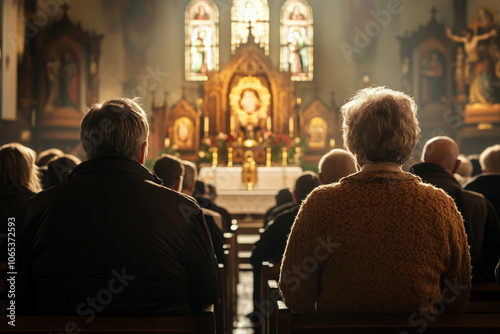 Church parishioners, attending a catholic mass, focused on the altar and the message of god. photo