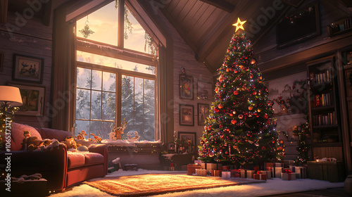 A towering Christmas tree in a cozy living room, decorated with a star on top.