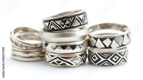 stack of silver rings with geometric designs, each unique and stylish