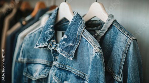 blue denim jacket hanging on hanger in closet
