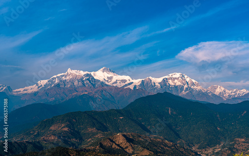 landscape view of shining Mount Annapurna range in Nepal. photo