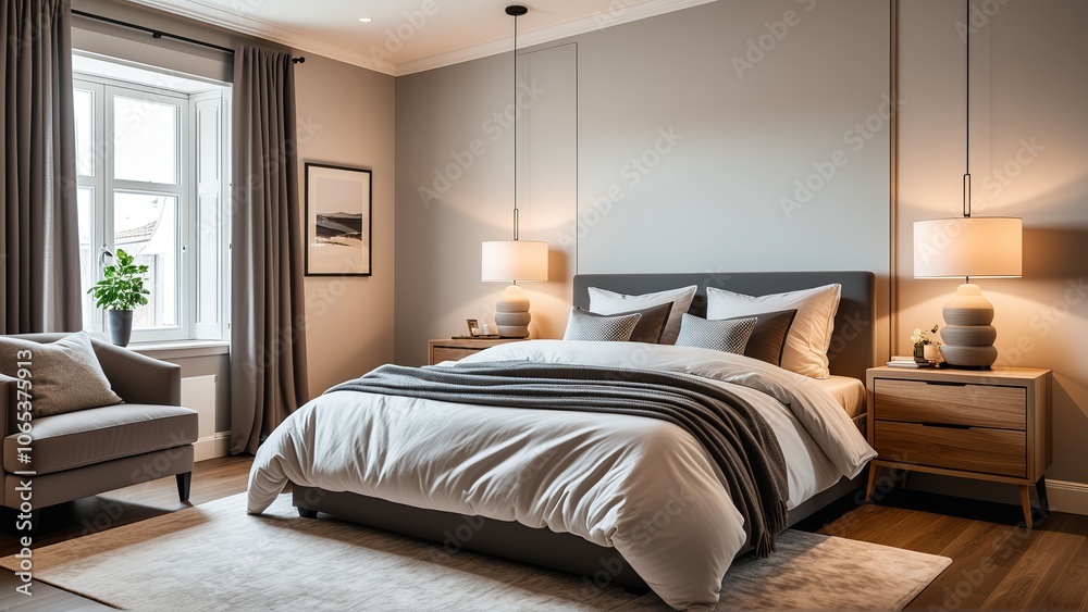 Fototapeta premium Modern minimalist bedroom interior with cozy lighting and neutral tones