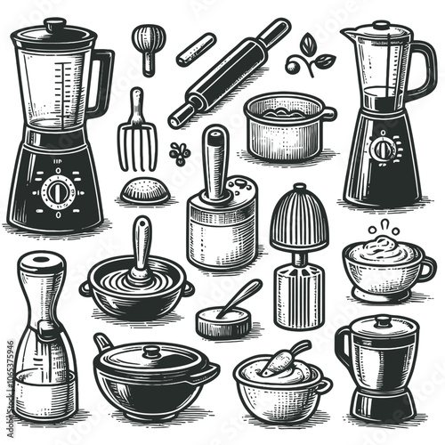 Food processor set doodle vector 