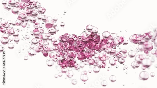 Pink serum with liquid bubbles in a 3D abstract background. Hydrating essence gel with collagen molecules. Moisturizing cream or oil for skincare and beauty.