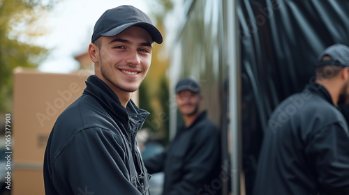 a team of house mover company, wearing plain black uniform while working on a house moving