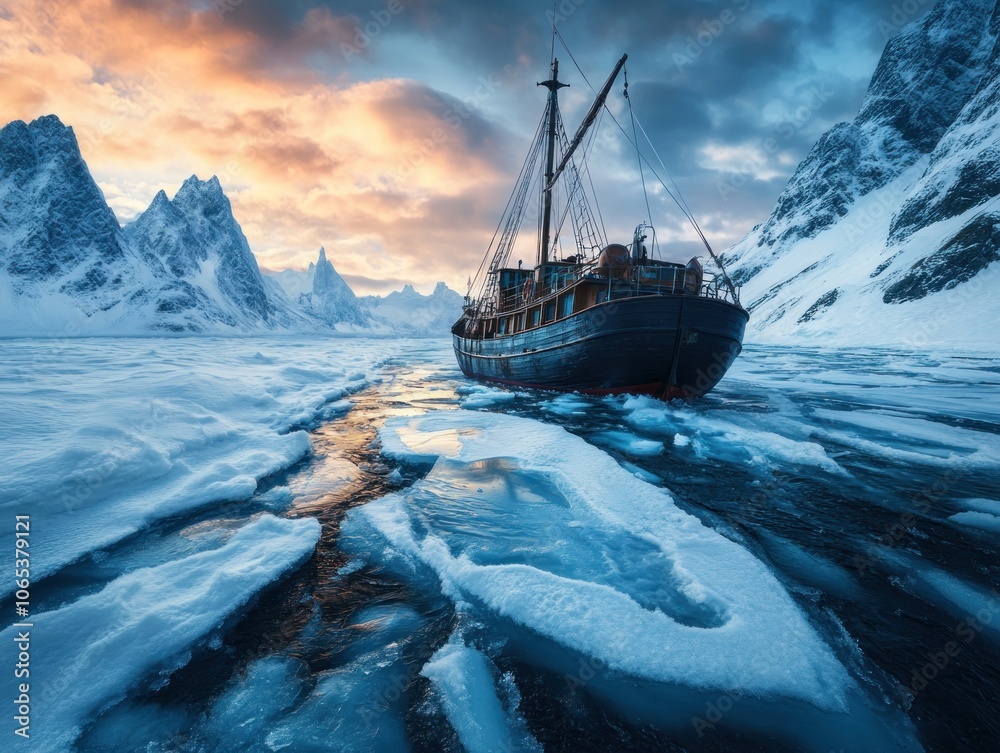 Obraz premium Frozen Ship in a Winter Wonderland Dramatic Snowstorm on Icy Lake with Heavy Winds, A Breathtaking Scene of Frozen Adventure and Intense Cold
